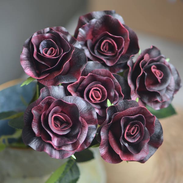 Dark Burgundy Roses PU Real Touch Roses Single Stems DIY Silk bridal Bouquet Wedding Centerpieces