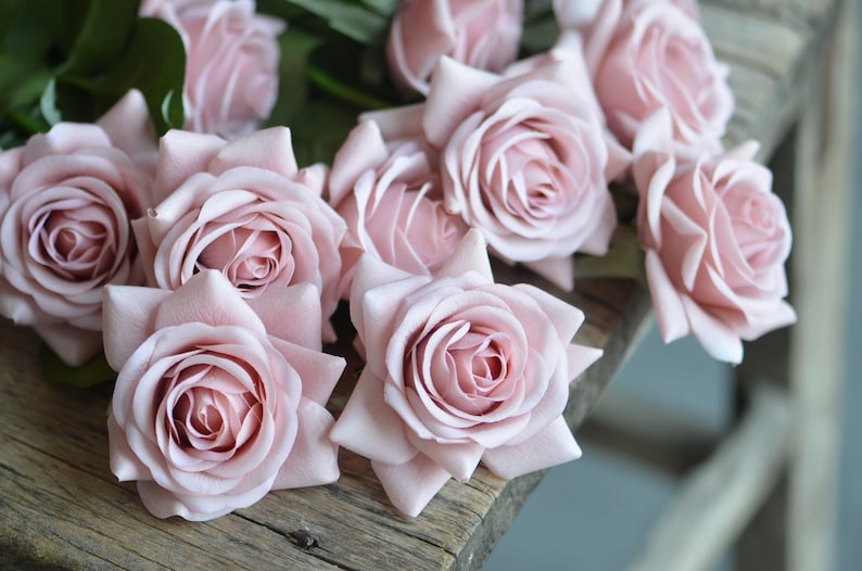 May include: A bouquet of pale pink roses with soft petals arranged on a rustic wooden surface.