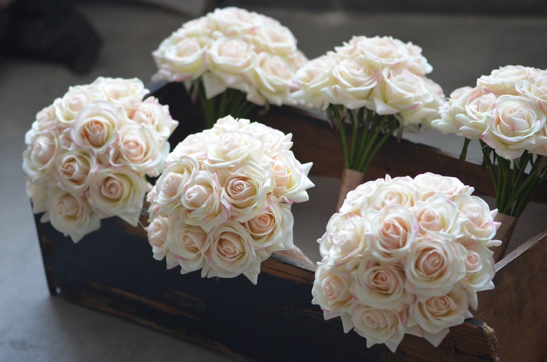 Blush Ivory Bridesmaids Bouquets Real Touch Roses Wedding Bouquets Real Touch Flowers Bouquets