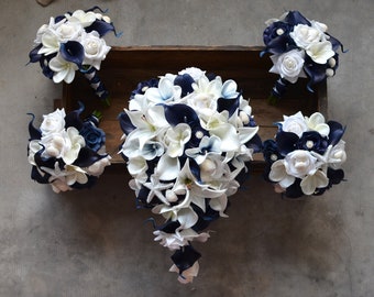 Beach Wedding Bouquets, Navy White, Real Touch Flowers, Plumerias, Calla Lilies, Starfishes, Shells, Bridal Bouquets, Bridesmaids Bouquets