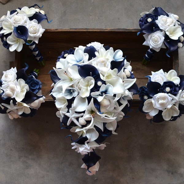 Beach Wedding Bouquets, Navy White, Real Touch Flowers, Plumerias, Calla Lilies, Starfishes, Shells, Bridal Bouquets, Bridesmaids Bouquets