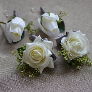 Ivory Rose Boutonnieres Real Touch Roses Corsages Grey Ribbons Mother Father Flowers Prom Corsage image 2