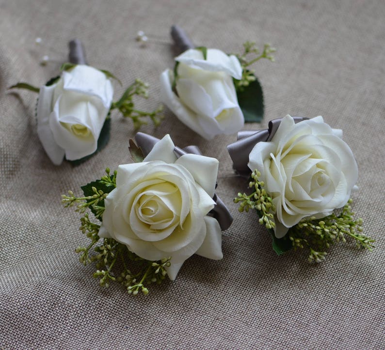 Ivory Rose Boutonnieres Real Touch Roses Corsages Grey Ribbons Mother Father Flowers Prom Corsage image 2