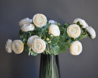 19" Real Touch Faux Ranunculus, Ivory/White Green, Handmade/Wedding/Home/Kitchen Decors, DIY Bouquet/ Florals/Centerpices, Gifts