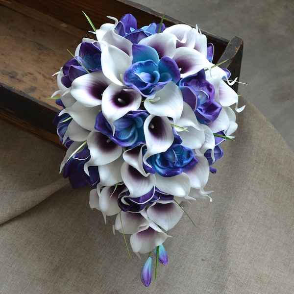 Blau Lila Brautsträuße Echte Berührung Blau Lila Orchideen Lila Picasso Calla Lilien