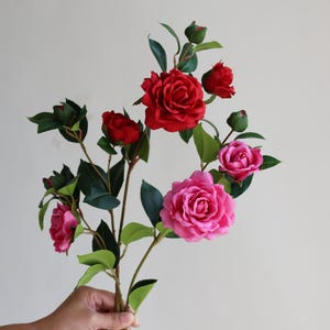28&quot; Artificial Red/Fuchsia Camellias Flowers Branch, Real Touch Flower Faux Botanicals, DIY Florals/ Wedding/Home/Kitchen Decoration Gifts