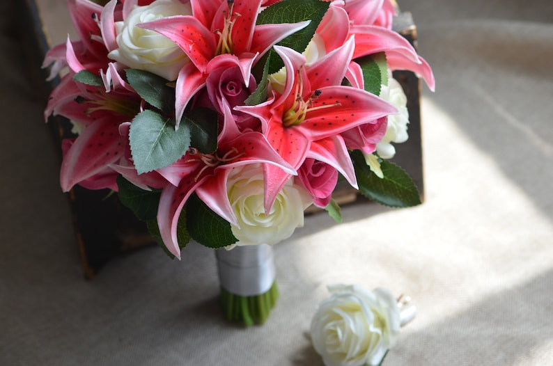 Hot Pink Lilies Roses Bridal Bouquets Real Touch Flowers Groom Boutonniere