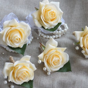 Champagne Rose Boutonnieres, Real Touch Roses, Boutonnieres with Hemp Rope -Choose Your ribbon Colors