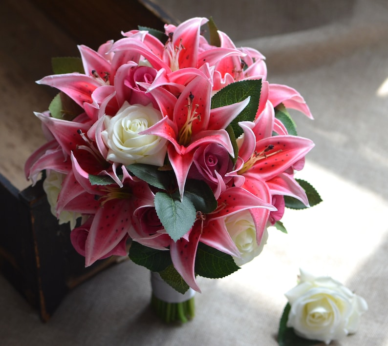 Hot Pink Lilies Roses Bridal Bouquets Real Touch Flowers Groom Boutonniere