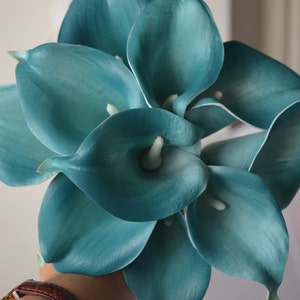 10 Teal Blue Calla Lilies Real Touch Flowers DIY Silk Wedding Bouquets, Centerpieces, Wedding Decorations