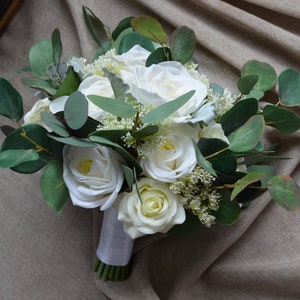 Eucalyptus Ivory Roses Bridal Bouquets Real Touch Roses Rustic Boho Chic Wedding Bouquets