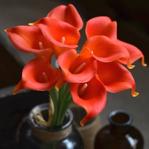 May include: A bouquet of orange calla lilies in a vase. The lilies are arranged in a fan shape, with the tips of the flowers pointing outwards. The vase is made of clear glass and has a brown twine wrapped around the top.