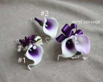 Purple Corsage, Purple calla Lily Wedding Boutonniere, Real Touch Flowers, Choose Ribbon Colors