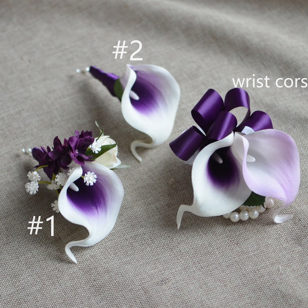 Purple Corsage, Purple calla Lily Wedding Boutonniere, Real Touch Flowers, Choose Ribbon Colors