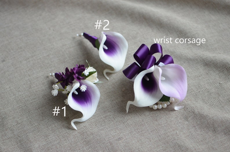 Purple Corsage, Purple calla Lily Wedding Boutonniere, Real Touch Flowers, Choose Ribbon Colors image 1