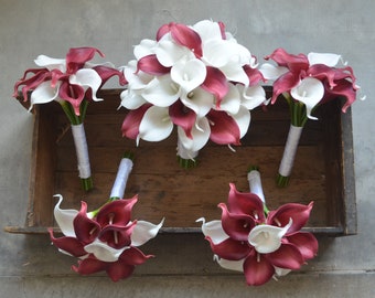 Burgundy Calla Lily Bridal Bouquet, Real Touch Wedding Flowers