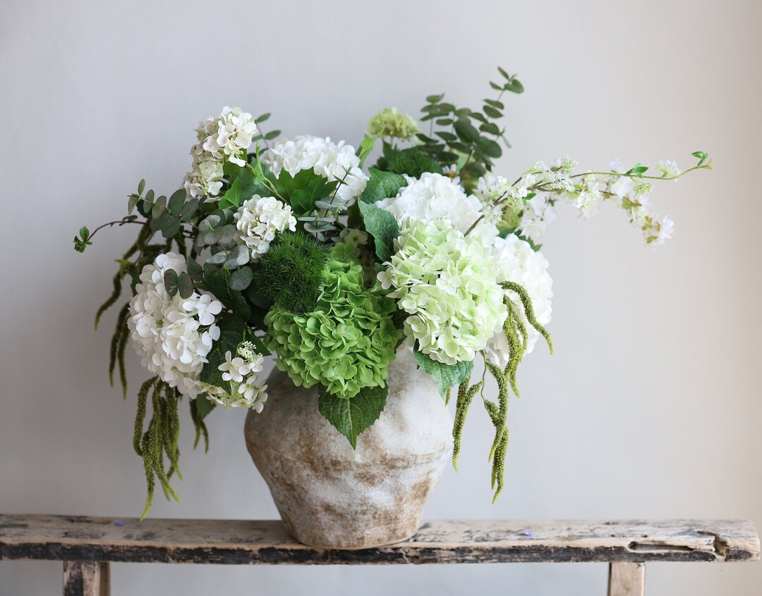 White and Green Faux Flowers Arrangements, Real Touch Artificial