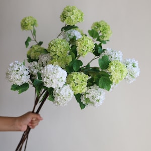 5 têtes-39" fausse fleur de boule de neige en blanc/vert, branche de fleurs de printemps, fleurs bricolage/bouquets de mariage/décorations de maison/cuisine, cadeaux pour maman