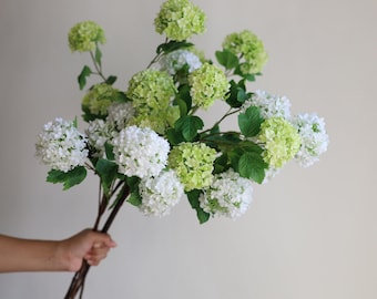 5 têtes-39" fausse fleur de boule de neige en blanc/vert, branche de fleurs de printemps, fleurs bricolage/bouquets de mariage/décorations de maison/cuisine, cadeaux pour maman