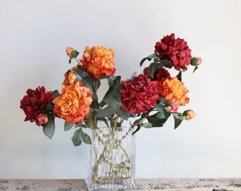 Burgundy & Orange Peony Branch: 23.6" Faux Dried-Look Flower