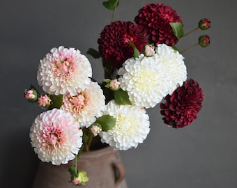 Faux Dahlia, White Dahlia Flowers, Gradient Red Burgundy Colors Dahlia, DIY Centerpieces, DIY Wedding Bouquet, Artificial Dahlia Flowers