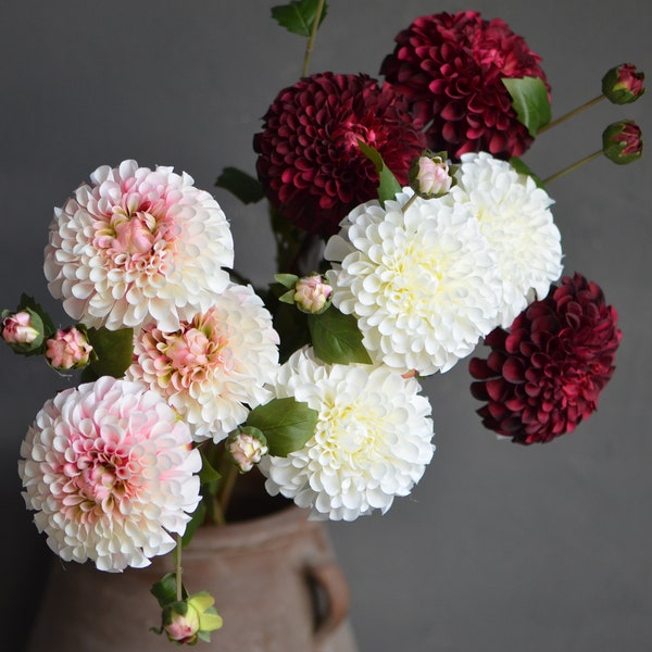 Faux Dahlia, White Dahlia Flowers, Gradient Red Burgundy Colors Dahlia, DIY Centerpieces, DIY Wedding Bouquet, Artificial Dahlia Flowers