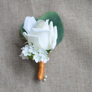 Cream Rose Boutonniere Real Touch Roses Eucalyptus Boutonnieres Gold Ribbons -Choose Your Colors