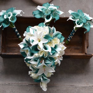 Teal Bridal Bouquets, Teal Tiger Lily Roses Calla Lily Wedding Bouquets, Bridesmaids Bouquets, Boutonnieres, Silk Bridal Bouquets