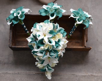 Teal Bridal Bouquets, Teal Tiger Lily Roses Calla Lily Wedding Bouquets, Bridesmaids Bouquets, Boutonnieres, Silk Bridal Bouquets