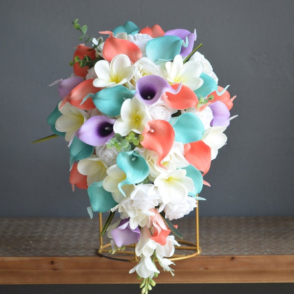 Coral Blue Lavender Wedding Bouquet, Real Touch Callas Lilies, White Plumerias, Spa Beach Wedding Package, Boutonnieres