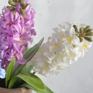 May include: A close-up of a floral arrangement featuring hyacinth flowers in shades of blue, purple, and white. The flowers are in full bloom, with detailed petals and green leaves. The arrangement is in a brown pot.