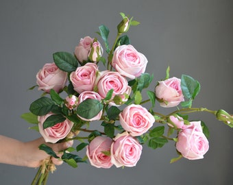 Rose Pink Real Touch Roses Bundle With 6 Flower Heads, Artificial Pink Roses Spray, Pink Wedding Flowers, Real Touch Flowers