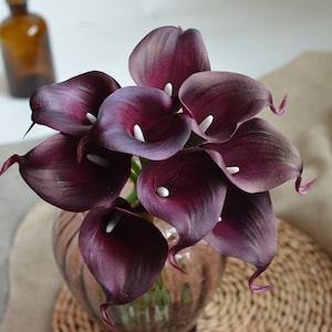 9 Grape Wine Calla Lilies Real Touch Flowers DIY Silk Wedding Bouquets, Centerpieces, Wedding Decorations