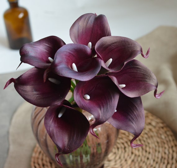 9 Grape Wine Calla Lilies, Real Touch Wedding Bouquet Flowers