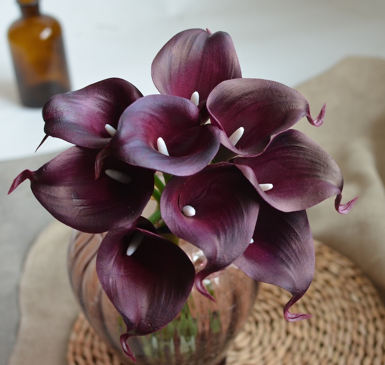 May include: A bouquet of deep purple calla lilies in a clear glass vase. The lilies have white centers and are arranged in a cluster.