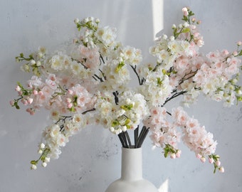 Rama de flor de cerezo artificial de 31,5 "crema/rosa rubor con capullos, flores de primavera falsas, centro de mesa/Floral/boda/decoración del hogar/regalos