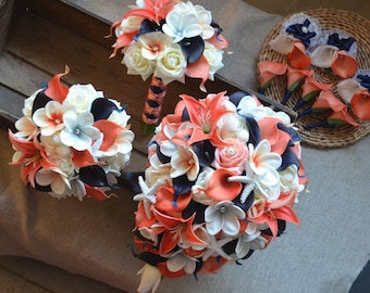 Beach Coral Navy Wedding Bouquets, Real Touch Calla Lilies, Plumerias, Roses, Shells Starfishes, Bridal Bouquet