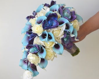 Turquoise Purple Bridal Bouquet, Faux Wedding Bouquet, Real Touch Orchids, Calla Lily, Rose Wedding Floral
