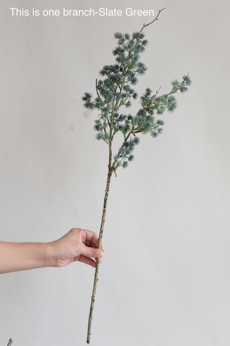K&ouml;nnte beinhalten: Ein einzelner k&uuml;nstlicher Zweig in schiefergr&uuml;n. Der braune Stiel hat mehrere kleinere Zweige mit kleinen, stacheligen, blau-gr&uuml;nen Bl&auml;ttern. Der Text "This is one branch-Slate Green" steht oben.