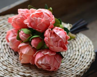 Coral Peonies Real Touch Flowers PU Peonies Bunch DIY Silk Bridal Bouquets Wedding Bouquets Real Touch Flowers