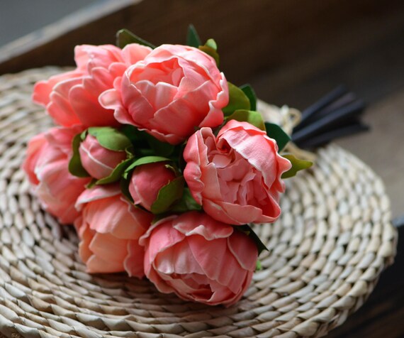 Coral Peonies Real Touch Flowers Pu Peonies Bunch Diy Silk Etsy