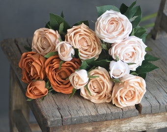 27.5" Morandi Color Real Touch Faux Garden Roses, Artificial DIY Florals | Wedding/Home/Kitchen Decoration | Gifts, Pale Blush Burnt Orange
