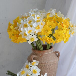 6 Stems Faux Daffodils Bouquet in White Yellow, Artificial Daffodils Bunch, Fake Spring Plant Stem, DIY Wedding/Home Decoration | Gifts image 4