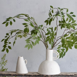 May include: Two white ceramic vases with a leafy green plant in the larger vase. The smaller vase is cone-shaped with a handle. The larger vase has a wide base and a handle on the side.