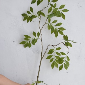May include: A single artificial branch with green leaves, the branch is brown and has a natural look. The branch is held in a hand against a white background.