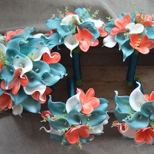 Teal Coral Wedding Bouquets Real Touch Callas Lilies Coral Plumerias Wedding Package Boutonnieres