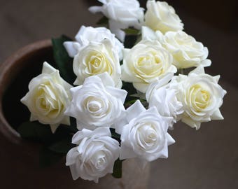 Ivory White Roses Real Touch Flowers Silk Roses DIY Wedding Flowers Silk Bridal Bouquets Wedding Centerpieces