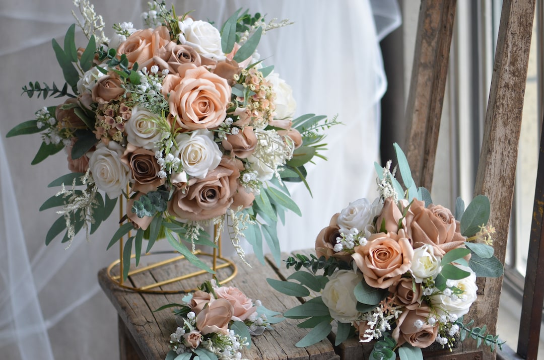 Ivory Beige Brown Bridal Bouquets, Real Touch Faux Flowers, Roses 
