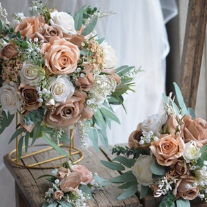 Ivory Beige Brown Bridal Bouquets, Real Touch Faux Flowers, Roses, Peonies, Dusty Millers, baby&#39;s breath, Champagne Tan Wedding Package