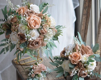 Ivory Beige Brown Bridal Bouquets, Real Touch Faux Flowers, Roses, Peonies, Dusty Millers, baby's breath, Champagne Tan Wedding Package